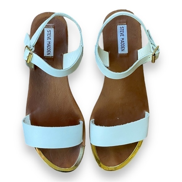 STEVE Madden Rillie White Leather With Gold Capped Toe Sandals | Size 10 - Picture 3 of 11